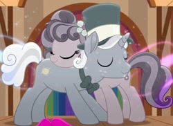 Size: 1002x729 | Tagged: safe, imported from derpibooru, screencap, petunia petals, sunny skies, earth pony, pony, unicorn, rainbow roadtrip, bowtie, cropped, cute, eyes closed, female, flower, flower in hair, hat, hug, love, male, mare, marriage proposal, petalbetes, petuniasky, shipping, smiling, stallion, straight, sunnydorable, top hat
