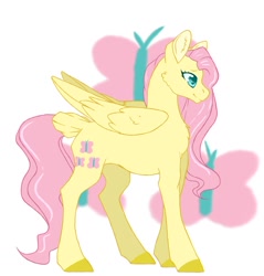 Size: 1024x1073 | Tagged: safe, artist:uniquecolorchaos, imported from derpibooru, fluttershy, pegasus, pony, cutie mark background, female, mare, simple background, solo, tail feathers, white background