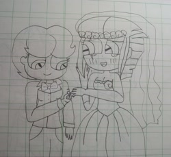 Size: 3266x2992 | Tagged: safe, artist:徐詩珮, imported from derpibooru, fizzlepop berrytwist, spring rain, tempest shadow, equestria girls, clothes, crying, dress, equestria girls-ified, female, lesbian, lineart, lined paper, marriage, ring, shipping, springshadow, tears of joy, traditional art, wedding dress