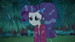Size: 1920x1080 | Tagged: safe, imported from derpibooru, screencap, rarity, equestria girls, equestria girls series, inclement leather, spoiler:choose your own ending (season 2), spoiler:eqg series (season 2), female, forest, rain, solo, tree