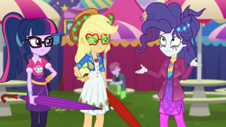 Size: 1920x1080 | Tagged: safe, imported from derpibooru, screencap, applejack, duke suave, rarity, sci-twi, twilight sparkle, equestria girls, equestria girls series, inclement leather, spoiler:choose your own ending (season 2), spoiler:eqg series (season 2), applejack's sunglasses, background human, female, glasses, inclement leather: vignette valencia, makeup, male, mascara, mascarity, messy hair, ponytail, running makeup, sunglasses, umbrella