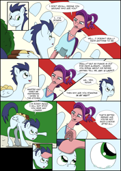 Size: 2480x3508 | Tagged: safe, artist:greeneyedmistress, imported from derpibooru, soarin', spoiled rich, pony, comic:prelude to creation, colt, crying, female, male, mare, wood, younger