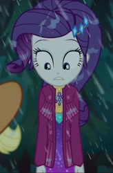 Size: 1133x1724 | Tagged: safe, imported from derpibooru, screencap, applejack, rarity, equestria girls, equestria girls series, inclement leather, spoiler:choose your own ending (season 2), spoiler:eqg series (season 2), applejack's hat, clothes, cowboy hat, cropped, cute, hat, inclement leather: applejack, rain, solo focus, wet