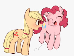 Size: 1281x981 | Tagged: safe, artist:manachaaaaaaaa, imported from derpibooru, applejack, pinkie pie, earth pony, pony, duo, eyes closed, female, gray background, hatless, mare, missing accessory, pronking, simple background
