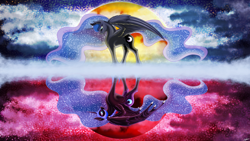 Size: 3840x2160 | Tagged: safe, artist:will-owl-the-wisp, imported from derpibooru, nightmare moon, princess luna, alicorn, pony, beautiful, crown, duality, ethereal mane, female, jewelry, looking down, mare, moon, pretty, princess of the night, reflection, regalia, spread wings, wallpaper, wings