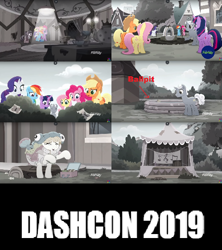 Size: 500x564 | Tagged: safe, edit, edited screencap, imported from derpibooru, screencap, applejack, fluttershy, petunia petals, pinkie pie, rainbow dash, rainbow trout (character), rarity, sunny skies, twilight sparkle, alicorn, butterfly, pony, rainbow roadtrip, animal costume, bush, butt, costume, dashcon, desaturated, fake, fish costume, hope hollow, hotel room, karaoke, kiddie pool, meme, mud, mud bath, plot, rainbow trout, rainbow trout (g4), reference, rubber duck, text edit, twilight sparkle (alicorn)