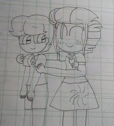 Size: 2556x2818 | Tagged: safe, artist:徐詩珮, imported from derpibooru, fizzlepop berrytwist, spring rain, tempest shadow, equestria girls, equestria girls-ified, female, hug, lesbian, lineart, lined paper, shipping, springshadow, traditional art