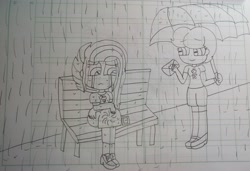 Size: 4384x2992 | Tagged: safe, artist:徐詩珮, imported from derpibooru, fizzlepop berrytwist, spring rain, tempest shadow, equestria girls, crying, equestria girls-ified, female, lesbian, lineart, lined paper, rain, sad, shipping, springshadow, traditional art