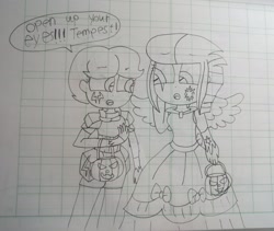 Size: 3539x2992 | Tagged: safe, artist:徐詩珮, imported from derpibooru, fizzlepop berrytwist, spring rain, tempest shadow, equestria girls, armor, equestria girls-ified, female, halloween, holiday, implied twilight sparkle, lesbian, lineart, lined paper, open up your eyes, shipping, springshadow, traditional art