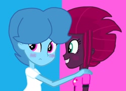 Size: 1416x1029 | Tagged: safe, artist:徐詩珮, imported from derpibooru, fizzlepop berrytwist, spring rain, tempest shadow, equestria girls, base used, blushing, equestria girls-ified, female, lesbian, shipping, springshadow