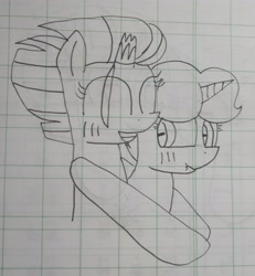 Size: 2600x2818 | Tagged: safe, artist:徐詩珮, imported from derpibooru, fizzlepop berrytwist, spring rain, tempest shadow, pony, unicorn, broken horn, female, horn, hug, lesbian, lineart, lined paper, mare, shipping, springshadow, traditional art