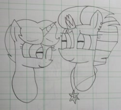 Size: 3135x2850 | Tagged: safe, artist:徐詩珮, imported from derpibooru, fizzlepop berrytwist, spring rain, tempest shadow, pony, unicorn, broken horn, female, horn, lesbian, lineart, lined paper, mare, shipping, springshadow, traditional art