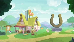 Size: 1920x1080 | Tagged: safe, imported from derpibooru, screencap, citrus bit, floral pattern, fortune favors, fruit pack, happy khaki, princess celestia, ruby splash, trail blazer, vino veritas, winter wisp, earth pony, pony, unicorn, between dark and dawn, female, giant horseshoe, horseshoes, lotta little things, male, mare, stallion, statue