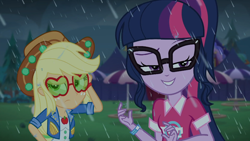 Size: 1366x768 | Tagged: safe, imported from derpibooru, screencap, applejack, sci-twi, twilight sparkle, equestria girls, equestria girls series, inclement leather, spoiler:choose your own ending (season 2), spoiler:eqg series (season 2), inclement leather: twilight sparkle, rain, raised eyebrow, smuglight sparkle