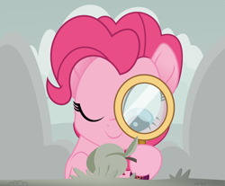 Size: 1346x1112 | Tagged: safe, artist:crystalmagic6, imported from derpibooru, pinkie pie, earth pony, pony, rainbow roadtrip, apricot, cloud, female, grass, magnifying glass, mountain, one eye closed, simple background, solo, wink