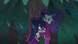 Size: 1280x720 | Tagged: safe, imported from derpibooru, screencap, rarity, sci-twi, twilight sparkle, equestria girls, equestria girls series, inclement leather, spoiler:choose your own ending (season 2), spoiler:eqg series (season 2), cuddling, cute, glasses, happy, holding, hug, inclement leather: twilight sparkle, outdoors, rain, raribetes, smiling, surprised, trash bag, tree, twiabetes