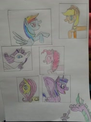 Size: 4032x3024 | Tagged: safe, artist:asiandra dash, artist:rainbow dash is best pony, imported from derpibooru, applejack, fluttershy, pinkie pie, rainbow dash, rarity, spike, twilight sparkle, alicorn, dragon, earth pony, pegasus, pony, unicorn, adult, adult spike, colored in, colored pencil drawing, diamond, gem, heart, mane six, older, older spike, pencil drawing, pictures, spikezilla, spread wings, traditional art, twilight sparkle (alicorn), wings