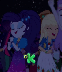Size: 387x450 | Tagged: safe, imported from derpibooru, screencap, applejack, ginger owlseye, rarity, raspberry lilac, sci-twi, snow flower, track starr, twilight sparkle, equestria girls, equestria girls series, sunset's backstage pass!, spoiler:eqg series (season 2), animated, background human, clothes, cropped, dancing, discovery kids, dress, eyes closed, female, gif, hat, jacket, laughing, male, night, offscreen character, outdoors, smiling, stars