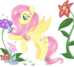 Size: 1100x1000 | Tagged: safe, artist:emptyfaze, imported from derpibooru, fluttershy, bee, butterfly, ladybug, pegasus, pony, female, flower, looking at something, mare, mushroom, nature, outdoors, reaching, reaching out, simple background, smiling, solo, spread wings, stray strand, white background, wings