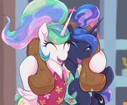 Size: 2481x2048 | Tagged: safe, artist:noupu, imported from derpibooru, princess celestia, princess luna, alicorn, pony, between dark and dawn, alternate hairstyle, barehoof, clothes, cute, duo, eyes closed, female, flowing mane, hair bun, happy, hawaiian shirt, horse collar, inflatable toy, mare, one eye open, open mouth, ponytail, royal sisters, scene interpretation, shirt, sibling love, siblings, sisterly love, sisters, tail bun, vacation, yoke