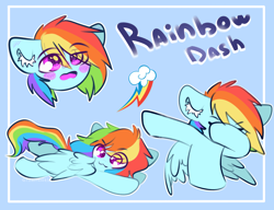 Size: 2600x2000 | Tagged: safe, artist:etoz, imported from derpibooru, part of a set, rainbow dash, pegasus, pony, :3, blushing, bust, chibi, cute, dab, dashabetes, ear fluff, eye clipping through hair, female, happy, mare, multeity, name, open mouth, rainbow dab, simple background, smiling, solo, text, wings
