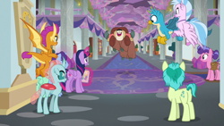 Size: 1280x720 | Tagged: safe, imported from derpibooru, screencap, gallus, november rain, ocellus, sandbar, silverstream, smolder, twilight sparkle, yona, alicorn, changedling, changeling, classical hippogriff, dragon, earth pony, griffon, hippogriff, pony, yak, she's all yak, bow, butt, cloven hooves, dragoness, female, friendship student, hair bow, jumping, male, mare, plot, saddle bag, school of friendship, student six, twilight sparkle (alicorn)