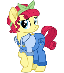 Size: 2800x3200 | Tagged: safe, artist:cheezedoodle96, imported from derpibooru, torque wrench, earth pony, pony, rainbow roadtrip, .svg available, atorqueable, bandana, clothes, cute, female, looking at you, mare, overalls, raised hoof, shirt, shy, simple background, smiling, solo, svg, transparent background, vector