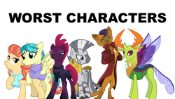 Size: 1280x720 | Tagged: safe, artist:cheezedoodle96, artist:frownfactory, artist:zekrom111, deleted from derpibooru, imported from derpibooru, aunt holiday, auntie lofty, capper dapperpaws, tempest shadow, thorax, zecora, abyssinian, anthro, changedling, changeling, digitigrade anthro, pegasus, unicorn, zebra, my little pony: the movie, the last crusade, triple threat, broken horn, clothes, coat, confident, female, horn, king thorax, male, mare, raised eyebrow, simple background, smug, smugest shadow, stallion, text, transparent background, worst pony