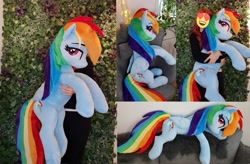 Size: 4172x2736 | Tagged: safe, artist:epicrainbowcrafts, imported from derpibooru, rainbow dash, human, pegasus, pony, bedroom eyes, female, holding a pony, irl, irl human, lidded eyes, life size, looking at you, looking back, looking back at you, lying down, mare, photo, plushie, sitting, smiling