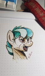 Size: 1207x2048 | Tagged: safe, artist:buckweiser, imported from derpibooru, oc, oc only, oc:apogee, pegasus, pony, bust, female, filly, freckles, happy, ink drawing, open mouth, photo, portrait, sketch, smiling, solo, traditional art