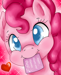 Size: 2550x3100 | Tagged: dead source, safe, artist:twiddledittle, imported from derpibooru, pinkie pie, pony, bust, colored pupils, cute, diapinkes, female, heart, hearts and hooves day, high res, holiday, mare, mouth hold, portrait, solo, valentine's day, valentine's day card