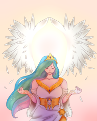 Size: 3507x4380 | Tagged: safe, artist:slyrintana, imported from derpibooru, princess celestia, human, backlighting, clothes, dress, eyebrows, eyebrows visible through hair, eyes closed, feather, female, henna, humanized, jewelry, queen, queen celestia, regalia, signature, smiling, solo, spread wings, sun, sun god, windswept hair, winged humanization, wings