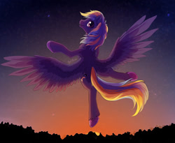 Size: 1500x1228 | Tagged: safe, artist:bel-assa, imported from derpibooru, oc, oc only, oc:evening song, pegasus, pony, dancing, evening, feather, female, laughing, solo, wings