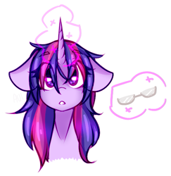 Size: 505x519 | Tagged: safe, artist:avimod, imported from derpibooru, twilight sparkle, pony, alternate hairstyle, bust, eye clipping through hair, female, floppy ears, glasses, glowing horn, horn, looking at you, magic, mare, simple background, solo, telekinesis, white background