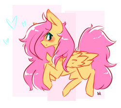 Size: 1124x1001 | Tagged: safe, artist:avimod, imported from derpibooru, fluttershy, pegasus, pony, abstract background, blushing, chest fluff, female, folded wings, heart, long hair, looking back, mare, profile, sidemouth, solo, wings