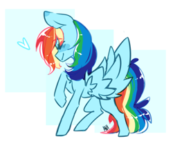 Size: 500x416 | Tagged: safe, artist:avimod, imported from derpibooru, rainbow dash, pegasus, pony, abstract background, blushing, eye clipping through hair, eyes closed, female, heart, mare, one wing out, raised hoof, request, smiling, solo
