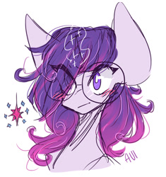 Size: 1280x1362 | Tagged: safe, artist:avimod, imported from derpibooru, rarity, twilight sparkle, pony, unicorn, big ears, blushing, bust, eye clipping through hair, female, fusion, glasses, glowing horn, hair over one eye, horn, mare, simple background, solo, white background