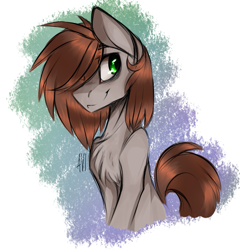Size: 651x677 | Tagged: safe, artist:avimod, imported from derpibooru, oc, oc only, earth pony, pony, abstract background, chest fluff, eye clipping through hair, hair over one eye, smiling, solo