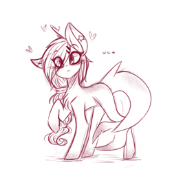 Size: 395x389 | Tagged: safe, artist:avimod, imported from derpibooru, oc, oc only, original species, shark pony, ..., big ears, blank flank, ear piercing, earring, eye clipping through hair, female, hairclip, heart, jewelry, looking at you, mare, monochrome, piercing, raised hoof, simple background, solo, white background