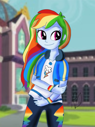 Size: 1536x2048 | Tagged: safe, artist:dashiedashdraw, imported from derpibooru, rainbow dash, equestria girls, equestria girls series, building, canterlot high, clothes, female, geode of super speed, jacket, magical geodes, pants, shirt, solo, wristband