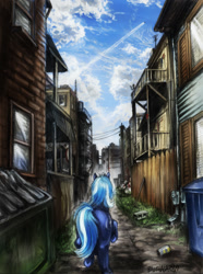 Size: 596x800 | Tagged: safe, artist:balthasar999, imported from derpibooru, oc, oc only, pony, unicorn, fanfic:p-theory, alley, alleyway, dumpster, fanfic, fanfic art, fanfic cover, fence, pencil drawing, pony on earth, traditional art