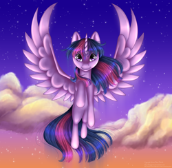 Size: 1638x1600 | Tagged: safe, artist:flyingpony, imported from derpibooru, twilight sparkle, alicorn, pony, beautiful, cloud, female, flying, mare, sky, smiling, solo, spread wings, stars, twilight (astronomy), twilight at twilight, twilight sparkle (alicorn), windswept mane, windswept tail, wings