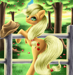 Size: 996x1024 | Tagged: safe, artist:flyingpony, imported from derpibooru, applejack, earth pony, pony, apple, apple tree, female, fence, food, looking back, mare, smiling, solo, sweet apple acres, tree