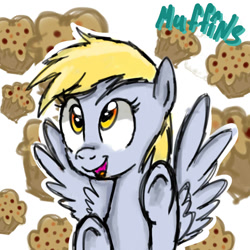 Size: 800x800 | Tagged: safe, artist:mirtash, imported from derpibooru, derpy hooves, pegasus, pony, cute, female, food, happy, mare, muffin, rcf community, smiling, solo, spread wings, that pony sure does love muffins, wings