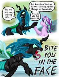 Size: 720x937 | Tagged: safe, artist:texasuberalles, imported from derpibooru, queen chrysalis, starlight glimmer, changeling, changeling queen, unicorn, to where and back again, comic, duo, fangs, female, mare, open mouth, speech bubble, tongue out