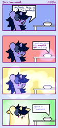 Size: 1000x2200 | Tagged: dead source, safe, artist:kimjoman, artist:php142, imported from derpibooru, oc, oc only, oc:purple flix, pony, unicorn, ..., :p, :t, chibi, comic, cute, dialogue, food, google, magic, magic aura, male, sandwich, silly, silly pony, smiling, solo, speech bubble, stallion, text, tongue out, transformation, wat