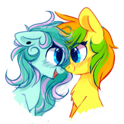 Size: 1400x1400 | Tagged: safe, artist:mirtash, imported from derpibooru, oc, oc only, oc:sunflower summershine, oc:velvet hope, pony, blushing, duo, female, mare, rcf community, simple background, smiling, white background