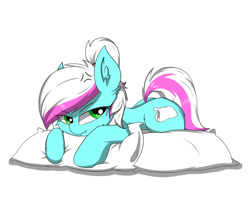Size: 1280x1024 | Tagged: safe, artist:llhopell, imported from derpibooru, oc, oc only, oc:soffy, earth pony, pony, angry, female, looking at you, pillow, simple background, solo