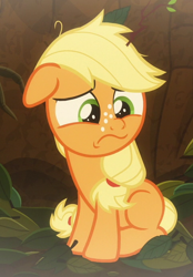 Size: 480x689 | Tagged: safe, imported from derpibooru, screencap, applejack, pony, going to seed, cropped, female, filly, filly applejack, freckles, hooves, sad, solo, younger