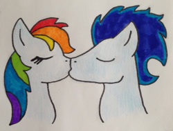 Size: 1280x973 | Tagged: safe, artist:dragonpriness, imported from derpibooru, rainbow dash, soarin', pony, crayon drawing, female, kissing, male, marker drawing, shipping, soarindash, straight, traditional art